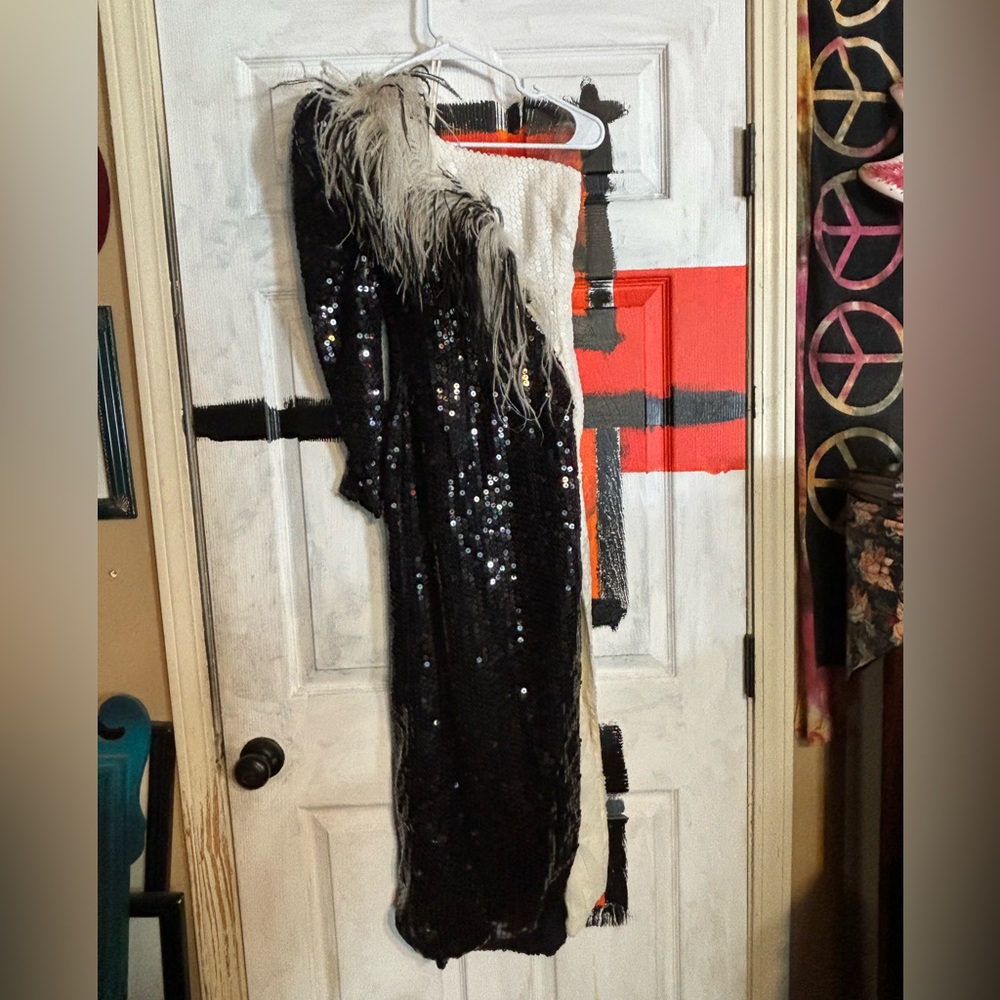 Alyce designs size six black and white feathered sequins ball gown